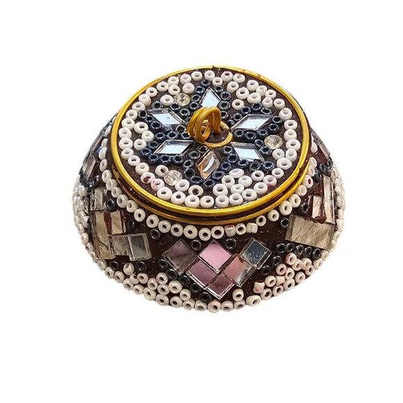 Vintage Trinket Pill Dish Purple Glitter Mirrored & Beaded Made In India - Picture 1 of 5